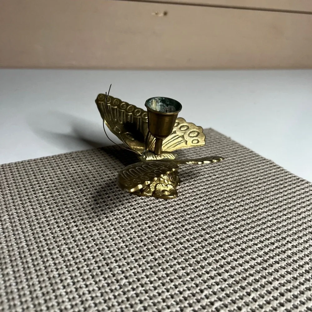 Vintage Solid Brass Butterfly Taper Candle Holder Whimsical Nature Decor